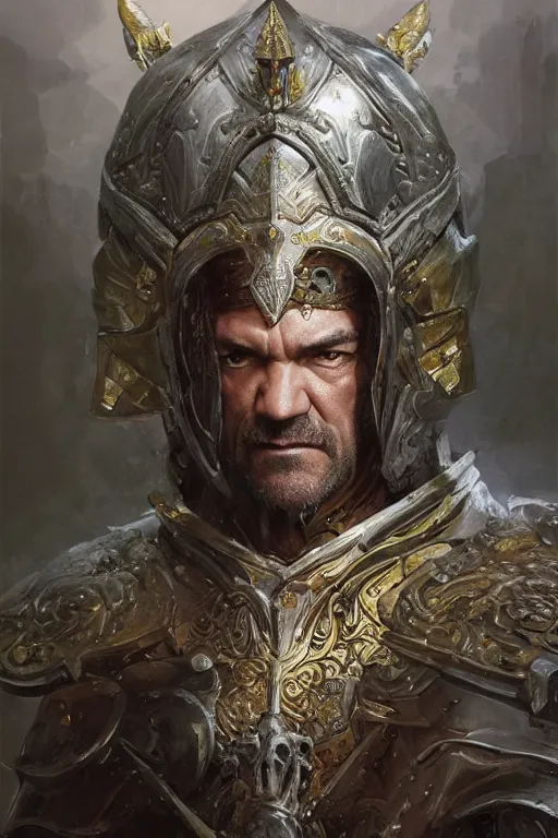 Prompt: portrait of antonio banderas as holy paladin, fantasy, dnd, intricate, highly detailed, smooth, artstation, digital illustration by Ruan Jia and Mandy Jurgens and Artgerm and Wayne Barlowe and Greg Rutkowski and Zdislav Beksinski