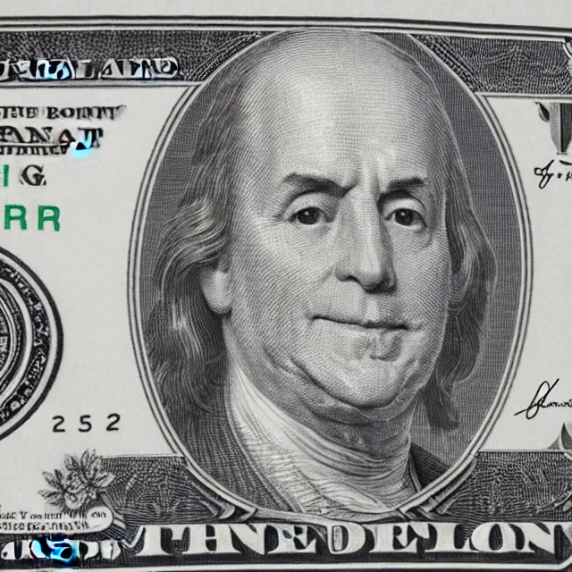 Image similar to one dollar bill face smiling and blinking, photograph