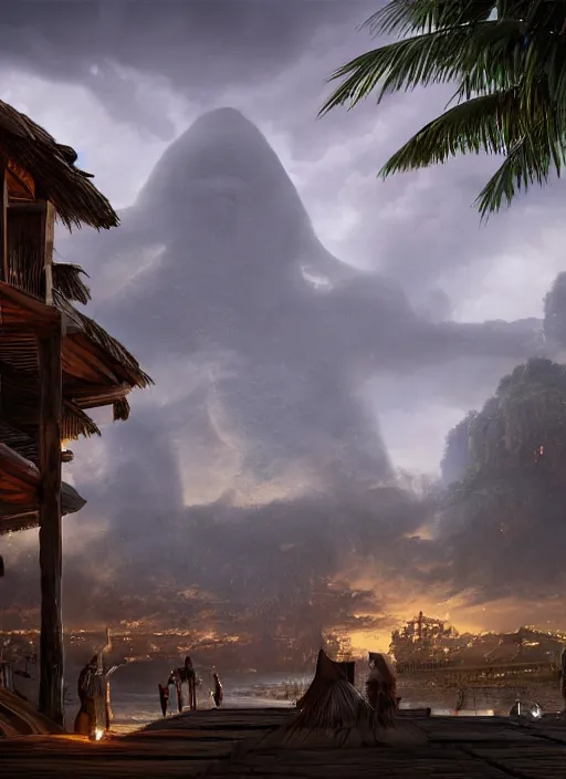 Image similar to wooden palisade wall on a tropical island kit by torches in a Storm night, giant Gorilla sillouhette in the background, intricate Details, raphael lacoste, eddie mendoza, alex ross, concept art, matte painting, highly detailed, rule of thirds, dynamic lighting, cinematic, detailed, denoised, centerd, clean render