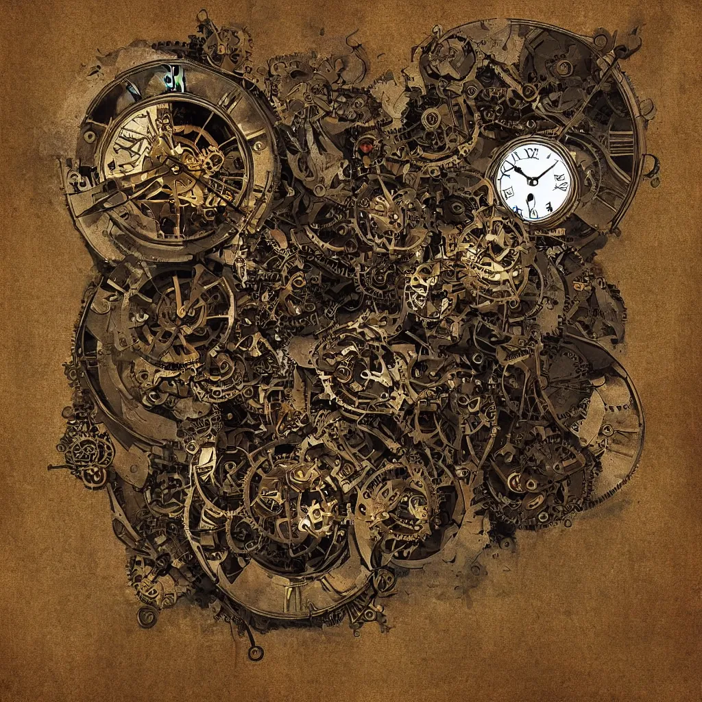 Prompt: steampunk clock,digital art,