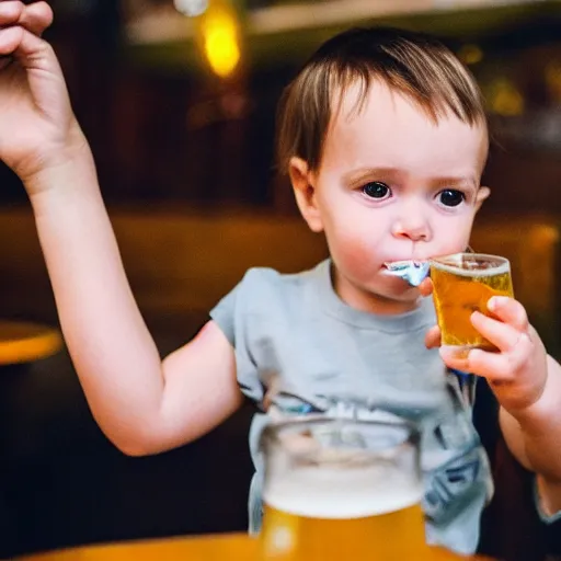 Image similar to an award winning photograph of a toddler downing a beer at the pub, holding a cigarette