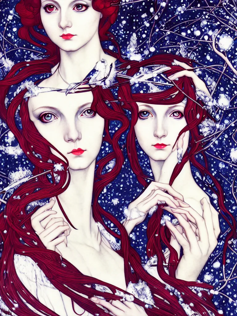 Prompt: 3!!!!!! winter muses, style mix of æon flux, shepard fairey, botticelli, ivan bilibin, john singer sargent, pre - raphaelite, shoujo manga, harajuku fashion, dormant nature, snow, ice, dark muted triad colors, superfine inking, ethereal, 4 k photorealistic, arnold render