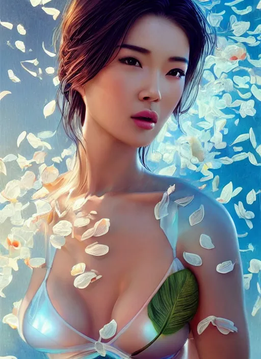 Prompt: gorgeous female in bikini, body shot, covered in translucent leaf and petals in the style of stefan kostic, cute - fine - face, li bingbing, backlit, refracted lighting, elegant, half body shot, 8 k, insanely detailed, intricate, art by stanley lau, artgerm, wlop, kuvshinov ilya,