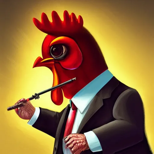 Image similar to a chicken wearing a suit smoking a cigar, dramatic lighting, cinematic, establishing shot, extremly high detail, photorealistic, cinematic lighting, artstation, style by James Gurney