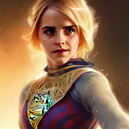 Image similar to Blonde Emma Watson as Super Girl, western, D&D, fantasy, intricate, elegant, highly detailed, digital painting, artstation, concept art, matte, sharp focus, illustration, art by Artgerm and Greg Rutkowski and Alphonse Mucha