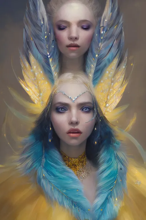 Image similar to beautiful princess with face covered with blue diamond crystals jewels wearing frost feathers, diamonds, angel, fantasy, yellow background beam, dramatic lighting, highly detailed, digital painting, magic the gathering, 3 d render, hyper realistic detailed portrait, peter mohrbacher, wlop, ruan jia