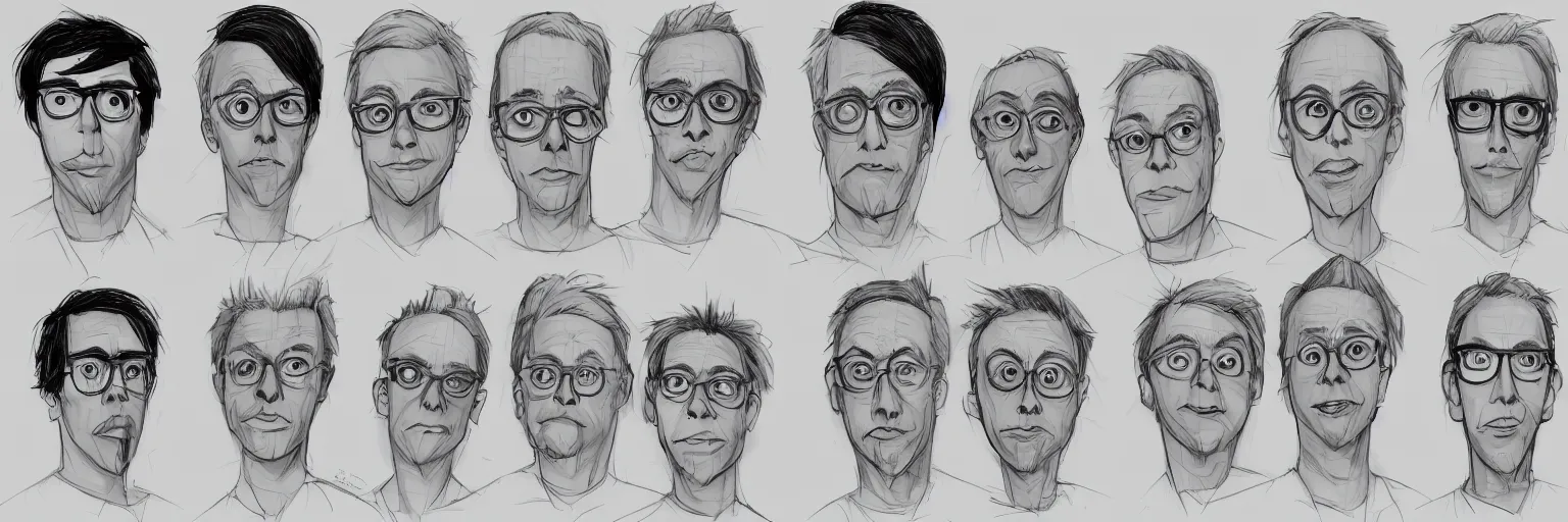 Prompt: male character study of todd solondz and tori spelling, clear faces, screenwriter, introvert, outsider, geek, disturbed, emotional, character sheet, fine details, concept design, contrast, kim jung gi, pixar and da vinci, trending on artstation, 8 k, full body and head, turnaround, front view, back view, ultra wide angle