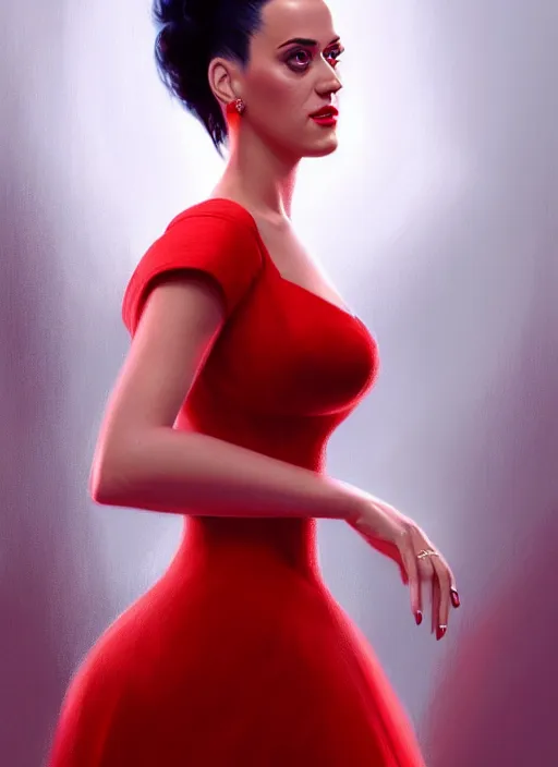 Image similar to portrait of katy perry in a red dress, intricate, elegant, highly detailed, digital painting, artstation, concept art, smooth, sharp focus, illustration, photorealistic art by wlop, mars ravelo and greg rutkowski