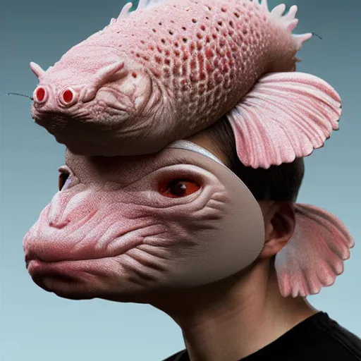 Prompt: man wearing axolotl face mask. digital art by atsushi okui. extreme detail.