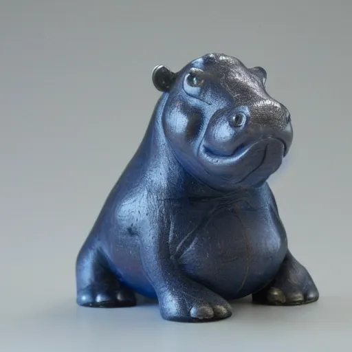 Prompt: small hippo statue, wood blocks bottom hippo body, blue chrome top hippo body, by a genius craftsman, highly detailed
