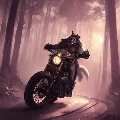 Image similar to werewolf riding motorcycle along a dark street in the woods, concept art, smooth, sharp focus, illustration, art by artgerm and greg rutkowski and alphonse mucha