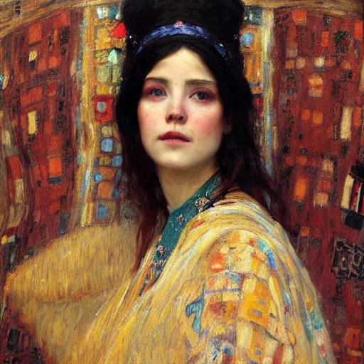 Image similar to Richard Schmid and Jeremy Lipking and Gustav Klimt portrait painting of a young beautiful woman priestess victorian orientalist in elaborate costume