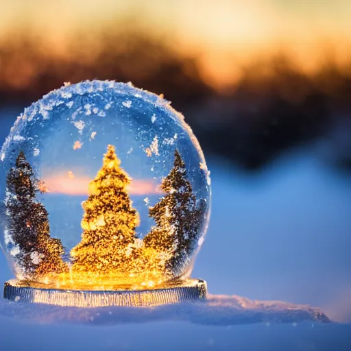 Prompt: closeup photo of snow globe at sunset, backlighted, professional photo, nikon d 7 2 0 0, f / 1. 8