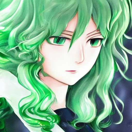 Prompt: beautiful portrait art of tatsumaki with green curly hair, trending on pixiv booru artstation, detailed anime illustration