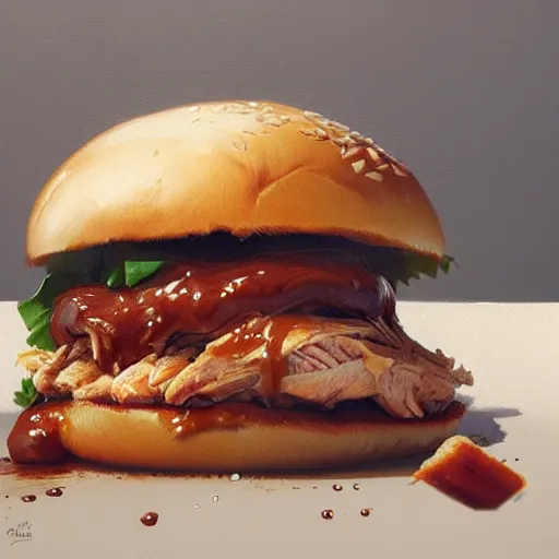 Prompt: a tender chicken sandwich covered in barbecue sauce, Greg Rutkowski