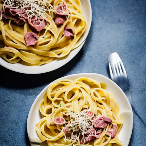 Image similar to Food photography of perfectly-made carbonara pasta, Nikon 25mm