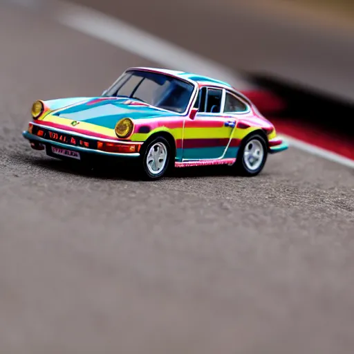 Image similar to close up photo of a small toy porsche 9 1 1 9 6 4 on a road stripe, cinematic, shallow dof, 3 5 mm, 4 k, macro