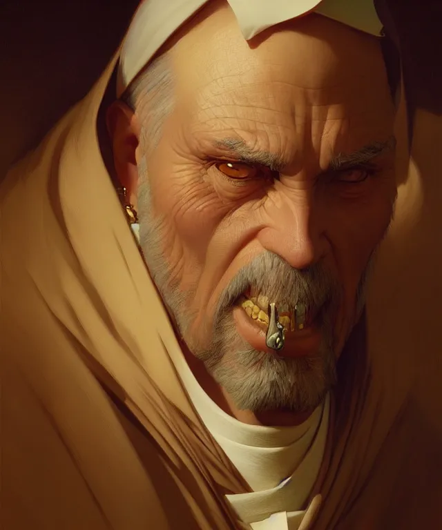 Image similar to a greedy preacher, an evil Catholic priest, portrait, intricate, elegant, highly detailed, digital painting, artstation, concept art, smooth, sharp focus, illustration, art by artgerm and greg rutkowski and alphonse mucha