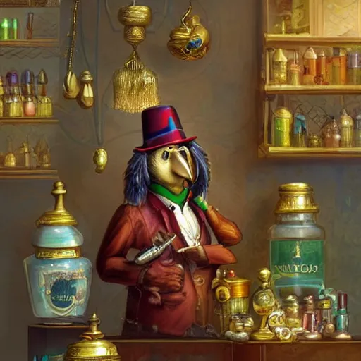 Image similar to Anthropomorphized parrot trader in his shop, selling his wares, portrait, items, gold, magic potions, carpet, window, sly expression , cunning expression, cute expression, long thick shiny gold beak, presenting wares, holding a gold bag, D&D, fantasy, cinematic lighting, highly detailed, digital painting, artstation, concept art, smooth, sharp focus, illustration, warm light, cozy warm tint, magic the gathering artwork, volumetric lighting, 8k, art by Akihiko Yoshida, Greg Rutkowski