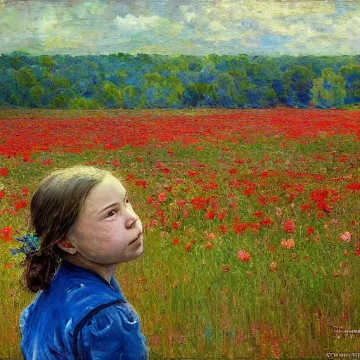 Image similar to Devastated Greta Thunberg crying onto the last plant on earth, impressionism, bright vivid colors, by Greg Rutkowksi and Ilya Repin