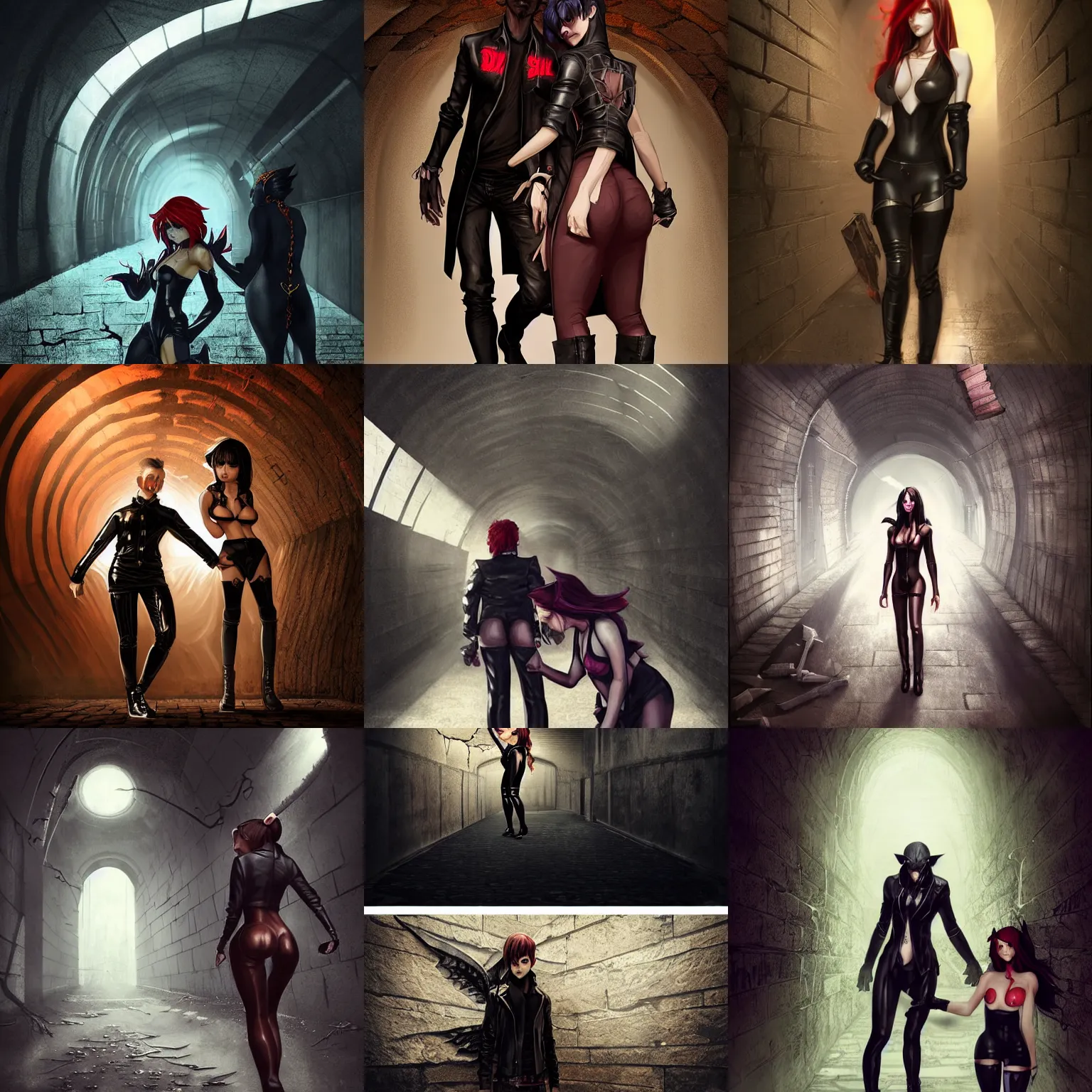 Prompt: a school boy and intimidating by a succubus in a leather suit leaning on a cracked brick wall, devil wings, long hallway, seductivelight at the end of the tunnel, volumetric lighting, concept art, detailed, dramatic lighting, by wlop, artgerm