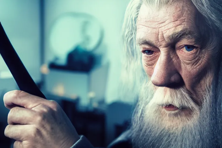 Prompt: gandalf intensely focused playing xbox, gamers chair, close up of face, high details, wrinkles, shadows, low angle photograph, face lighted by monitor, blue lighting, dark room, photo by annie leibovitz