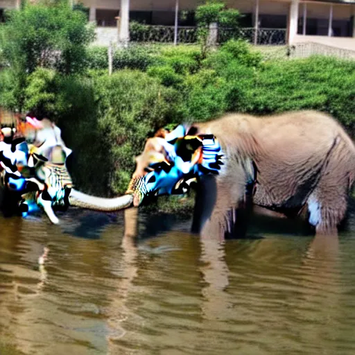 Prompt: Elephants drinking fromaswimming pool outside asuburban house