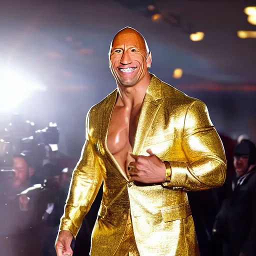 Image similar to dwayne the rock johnson wearing a golden expensive gold suit made entirely of gold walking down the run way, 3 5 mm, paparazzi photo, dazzling lights, dramatic lighting, photorealistic, cinematic scene, gold, super detailed, hyper realistic, bright lights