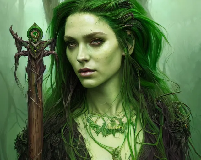 Image similar to portrait of a swamp witch, green skin, green hair, holding a caduceus staff, messy hair, d & d, fantasy, intricate, elegant, highly detailed, digital painting, artstation, concept art, matte, sharp, illustration, hearthstone, art by artgerm and greg rutkowski and alphonse mucha