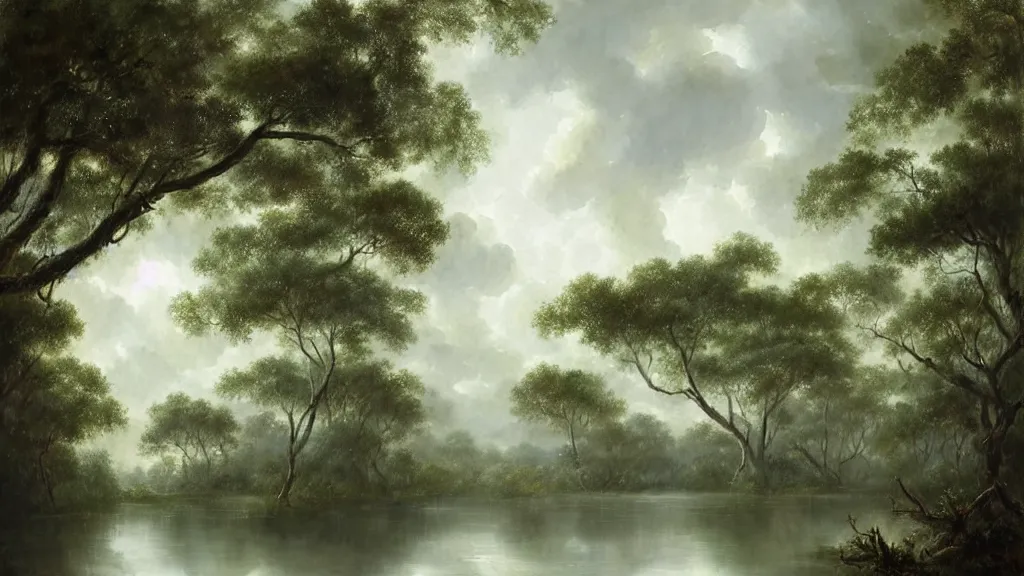 Prompt: Mangrove swamp made of clouds with lots of very very cloud shaped leaves, A beautiful, highly detailed, masterpiece, oil painting by Greg Rutkowski.