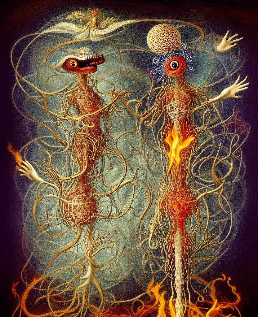 Image similar to whimsical freaky creature sings a unique canto about'as above so below'being ignited by the spirit of haeckel and robert fludd, breakthrough is iminent, glory be to the magic within, painted by ronny khalil