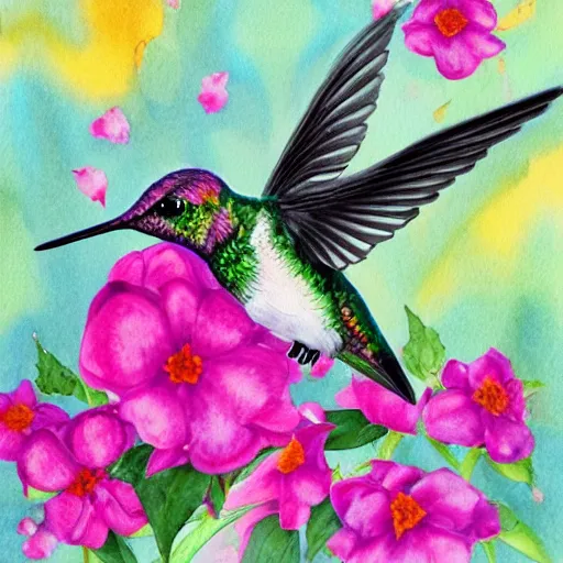 Prompt: hummingbird watercolor surrounded by flowers, pink tones