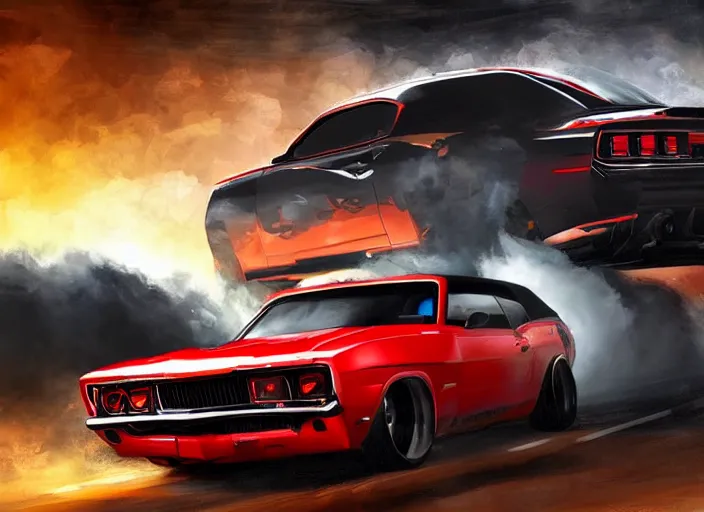 Prompt: a scary muscle car with weapons and nitrous speeding through a highway and crashing cars off the road, intense cinematic digital painting with masterful composition and brush strokes