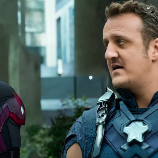 Prompt: film still of Jason Segel playing Hawkeye in The Avengers, 4k