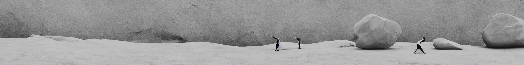 Prompt: long horizontal line-up of many sisyphus pushing a huge boulder through an empty space, white background, dance performance photography