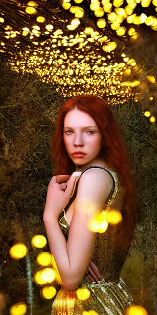 Prompt: young woman surrounded by golden firefly lights in a mesmerizing scene, amidst nature fully covered by a intricate detailed dress, long loose red hair, precise linework, accurate green eyes, small nose with freckles, smooth oval shape face, empathic, bright smile, expressive emotions, hyper realistic ultrafine art by artemisia gentileschi, jessica rossier, boris vallejo