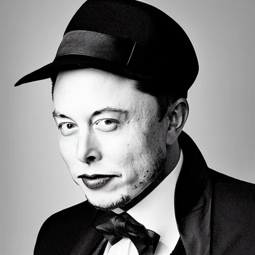 Prompt: a glamorous black and white portrait of elon musk with a hat, in the style of george hurrell