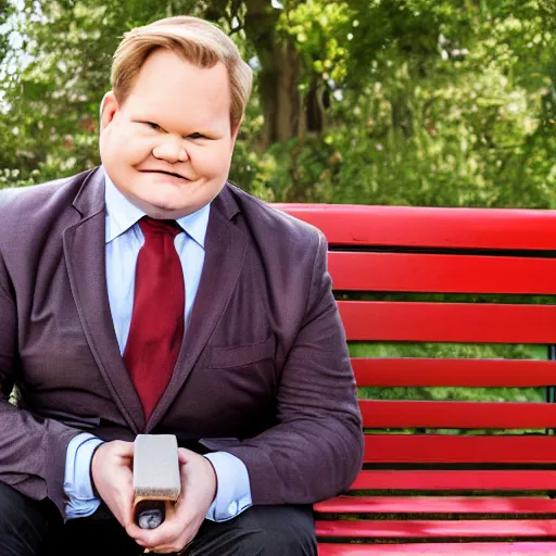 Prompt: andy richter wearing a brick red suit and necktie, sitting on a park bench holding a sandwich, golden hour afternoon