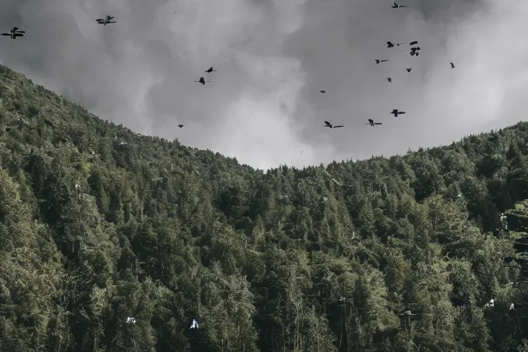 Image similar to sci fi nuclear containment buildings in a steep sided valley with trees, madman in gasmask fighting mutants, a sense of hope and optimism, birds overhead, stark light, day time, unsplash, national geographic, hd, high res