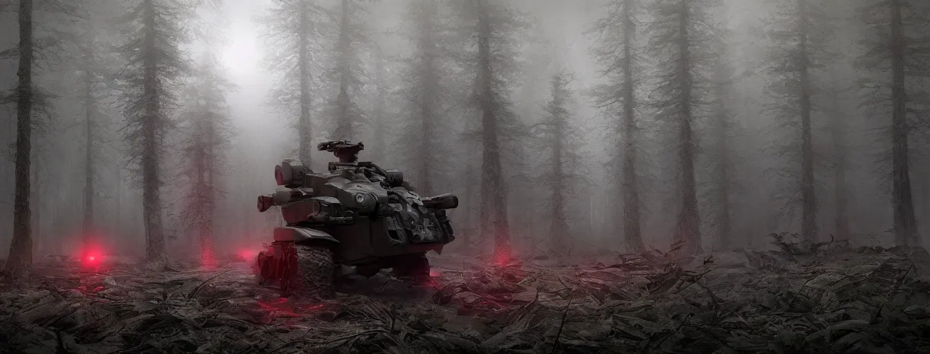 Prompt: detail view on heavy angry army robot just hunted human hiding in the trees, in dark foggy old forest in the night, postapo, dystopia style, heavy rain, reflections, high detail, horror dramatic moment, motion blur, dense ground fog, dark atmosphere, saturated colors, by darek zabrocki, render in unreal engine - h 7 0 4