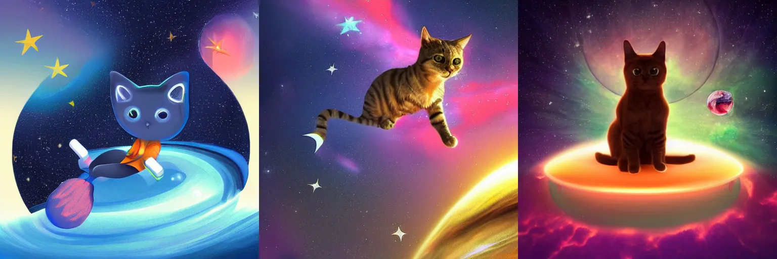 Prompt: digital art of a cat surfing on a star in space, trending on artstation