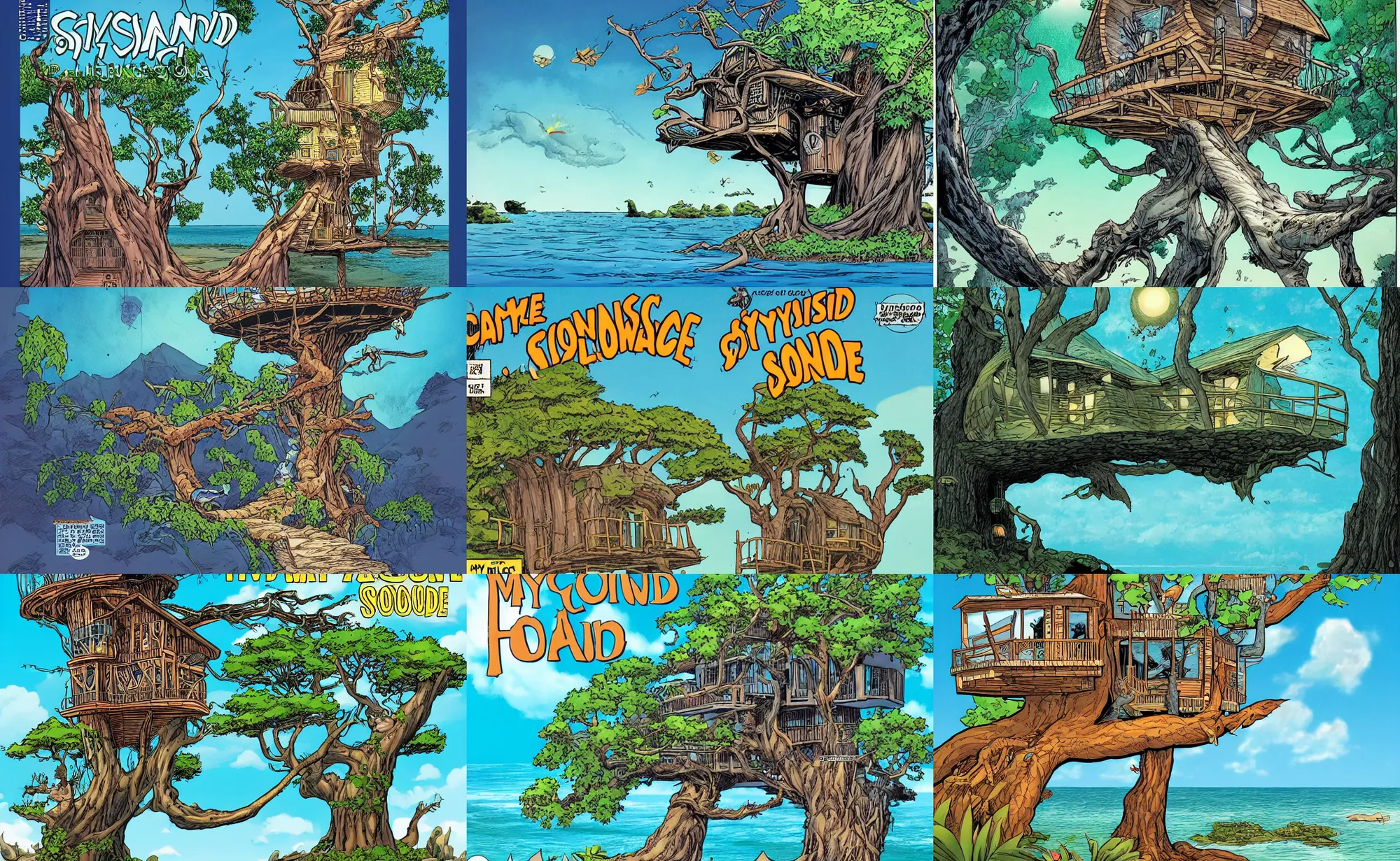 Prompt: comic book cover of a mystical island treehouse on the ocean