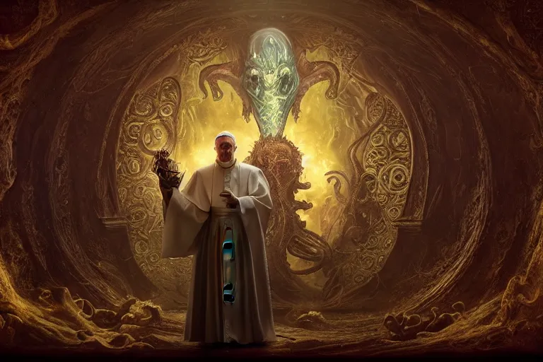 Prompt: photography group circle pope priest in an invoking ritual in front of a viscosity cthulhu within a lovecraft portal in a baroque intricate church, atmospheric lighting, rich deep colors masterpiece, fractal crystals, fantasy portrait by tom bagshaw