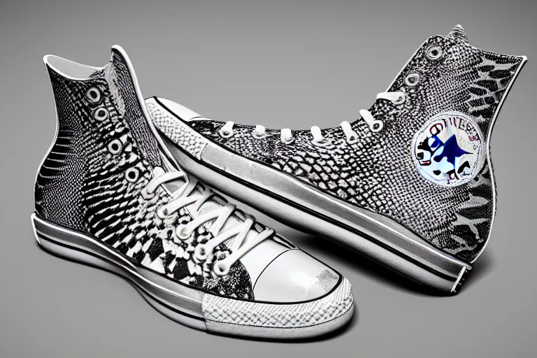 Image similar to snakeskin converse sneaker on a white surface, clean 3 d render, beautiful studio lighting, soft, sharp focus, intricate detail, art by iris van herpen