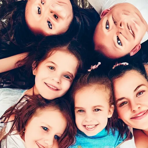 Image similar to photo of a father and his five daughters, very detailed faces, beautiful faces, high quality photograph, instagram