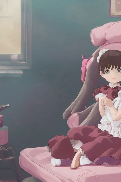 Prompt: a little girl in a maid outfit with dark brown hair in her pink bedroom on a princess sofa with stuffed animals programming on a laptop with a black screen, detailed eyes, 4 k resolution by krenz cushart and akihito yoshida and makoto shinkai