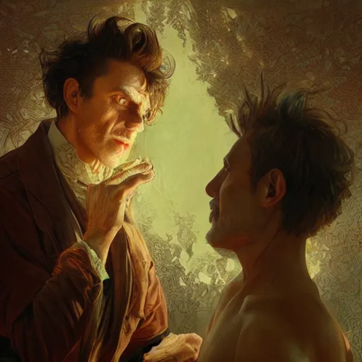 Image similar to selfportrait of a madman looking at his soul in the mirror, portrait, intricate, detailed, volumetric lighting, scenery, digital painting, highly detailed, artstation, sharp focus, illustration, artstation, art by artgerm and greg rutkowski and alphonse mucha