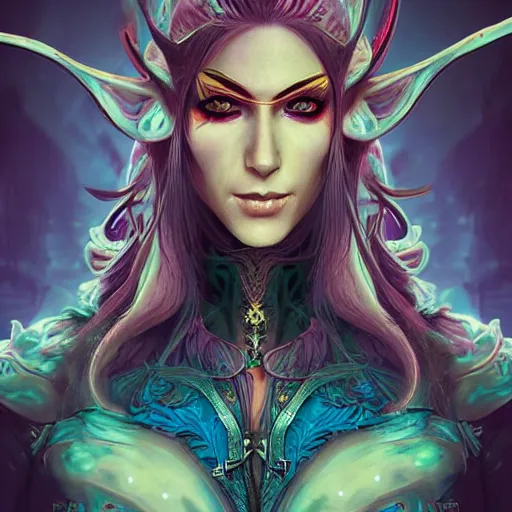 Image similar to portrait of a female elven pirate, character design, concept art, digital illustration, ray tracing, fantasy, neon lighting, intricate and highly detailed, coloured with lots of colour, pose, fantasy, sharp focus,