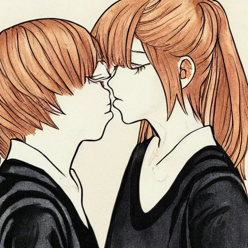 Image similar to portrait of two girls kissing, detailed manga art