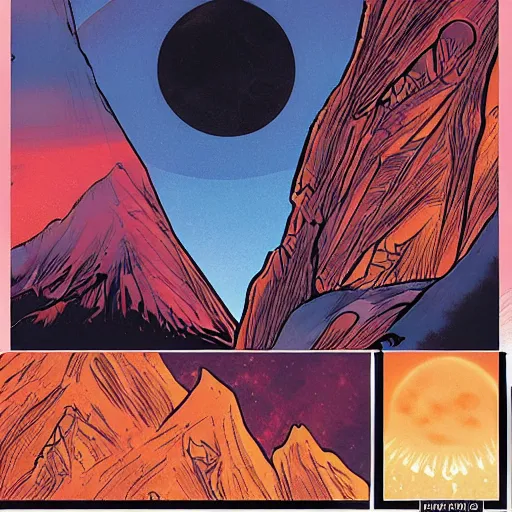 Image similar to orange and blue alien planet horizon with mountains and a solar eclipse, marvel comic book double page